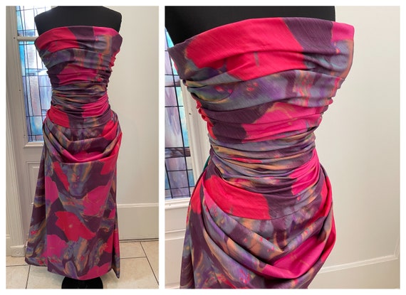 Vintage Bob Mackie Ruched Silk Strapless Evening G