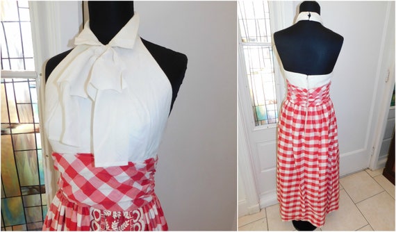 70s Gingham Maxi dress, Red White Plaid Dress, Re… - image 2