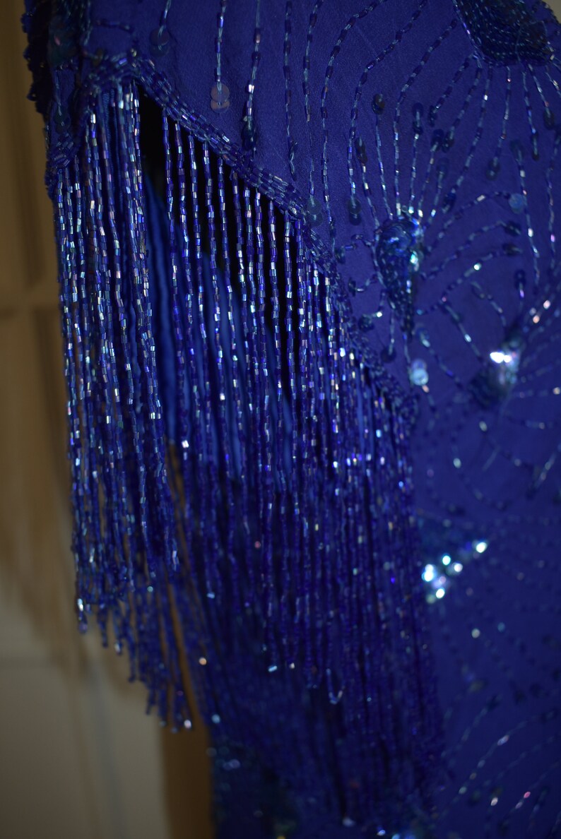 Vintage Blue Silk Fringed Art Deco Gatsby Dress 80s Flapper Fringed Silk Beaded Gown 38 Chest