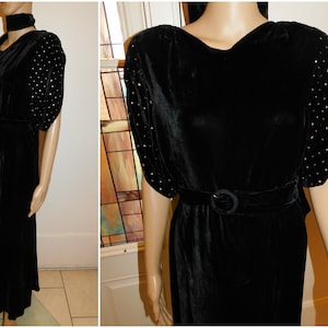 1930s Art Deco Black Silk Velvet Evening Gown Vintage Beaded Black Silk Velvet Gown Jeweled Split / Peekaboo Rhinestone Sleeves 34&quot; Chest
