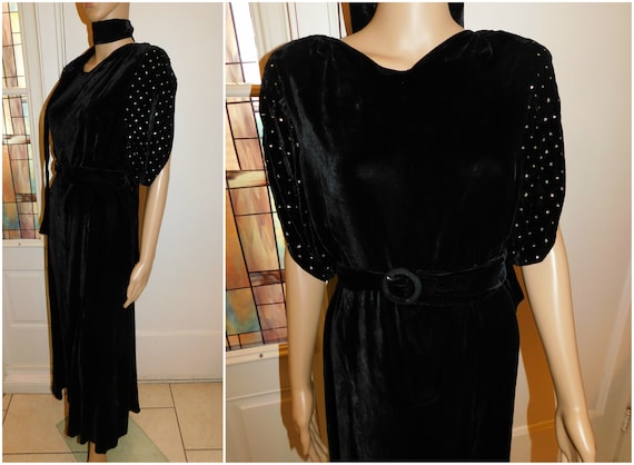 1930s Art Deco Black Silk Velvet Evening Gown Vint