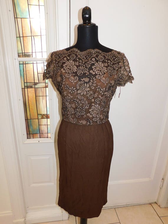 1950s silk & lace wiggle dress • vintage 50s dres… - image 2