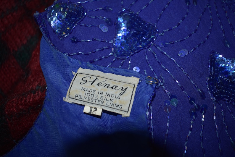 Vintage Blue Silk Fringed Art Deco Gatsby Dress 80s Flapper Fringed Silk Beaded Gown 38 Chest