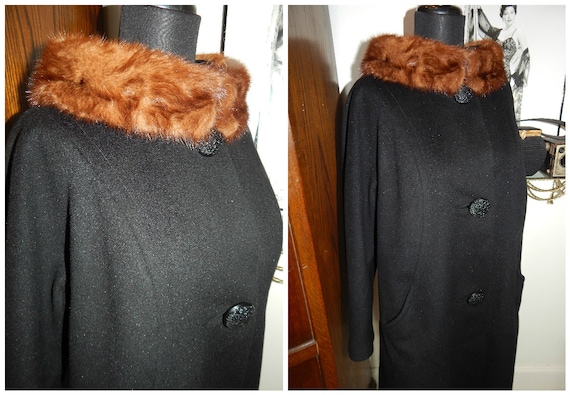 50s Swing Coat, Trapeze Coat, Mink Collar 50s Coat
