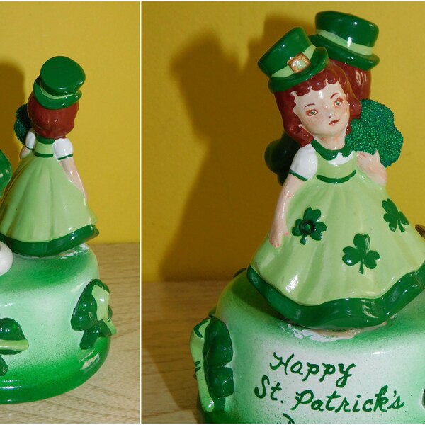 1980's Music Box Leprechaun St Patrick's Day Oh Danny Boy Music Box Vintage Flocked Irish 4 leaf clover Musical figurines