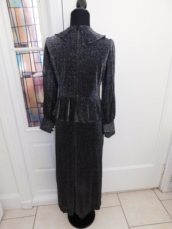 70s Ruffled Lurex Dress Metallic Peplum Gown Blac… - image 6