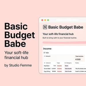May include: A screenshot of a website called "Basic Budget Babe" with the tagline "Your soft-life financial hub". The website is designed to help users manage their finances. The screenshot shows a table with income categories, amounts, and notes. The total income is £4,500.