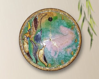 Handmade Resin Art Wall Clock: Gold Foil & Swarovski Crystals, 14 inch