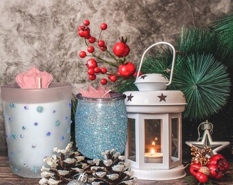 Holiday Soy Candle Set: Winter Peppermint Scent, Rhinestone Decor
