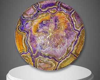 Sparkling Purple Resin Wall Clock: Rhinestone & Gold Foil, 20-inch