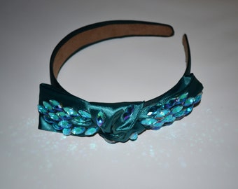 Headband with sparkling rhinestones/green peacock