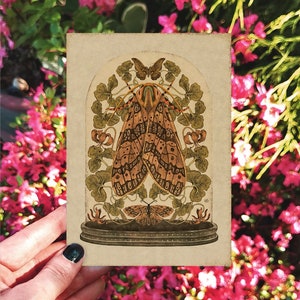 Motten en leliebloemen, kunstkaart, handgemaakte kaart, botanische wenskaart, verjaardagskaart, illustratieskaarten, vlinderkaart, cottagecore-kaart