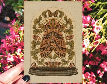 Papillons de nuit et fleurs de lys, carte d'art, carte faite main, carte de voeux botanique, carte d'anniversaire, cartes d'illustrations, carte de papillon de nuit, carte cottagecore