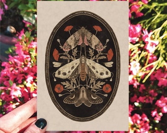 Moths and poppy flowers, , Art card, Handmade card, botanical greeting card,Birthday Card, illustrations cards, moth card, cottagecore card