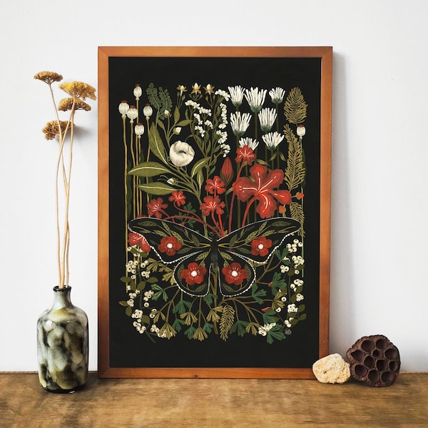 Vintage Botanical Butterfly Illustration, Night Garden, Flowers Wall Decor, Moth wall art