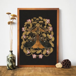Stampa artistica di falene e felce capelvenere, decorazione da parete, stampa di insetti, poster vintage di libellule, illustrazioni botaniche vintage, stampa artistica di falene