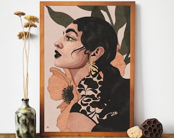 Abstract Female Portrait Art Print, Orange Flowers Illustration