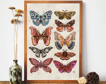Schmetterling & Motte Kunstdruck: Botanische Insekten Wanddeko im Vintage Stil