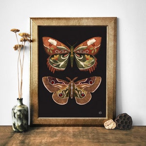 Estampado de mariposas, ilustraciones botánicas, estampado de insectos populares, estética boho, estampado de naturaleza cottagecore, arte de mariposas, estampado de mariposas negras