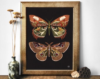 Butterfly Art Print: Botanical Folk Illustration, Dark Insect Poster with Butterflies for gallery wall