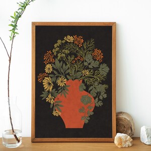 Orange vase flowers print, cottacore illustrations, Botanical Kitchen Decor, Boho decor, Vintage Botanical art, rustical flowers,Vintage art