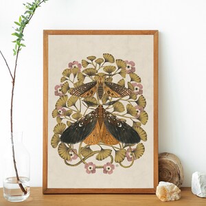 Moths & Maidenhair Fern a day art print, Insect print, beige vintage art dragonfly poster,Botanical illustration, moths art, moth print