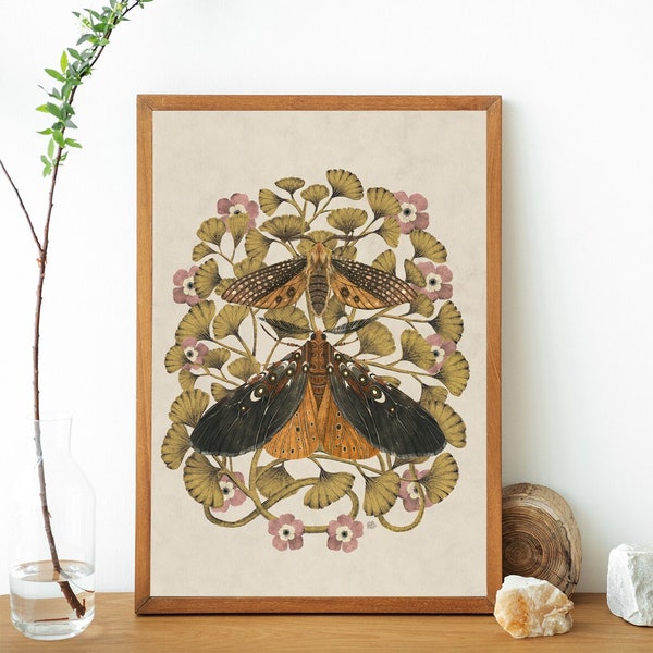 Moths & Maidenhair Fern a day art print, Insect print, beige vintage art dragonfly poster,Botanical illustration, moths art, moth print