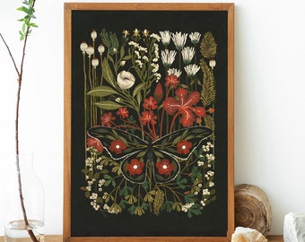 Impresión de arte de jardín nocturno, impresión de insectos, ilustraciones botánicas vintage, arte de flores, arte de mariposas, arte de flores, ilustración de flores