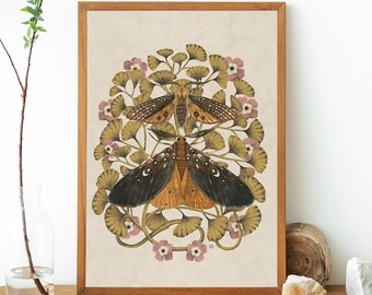 Moths & Maidenhair Fern a day art print, Insect print, beige vintage art dragonfly poster,Botanical illustration, moths art, moth print