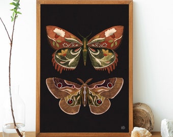 Butterfly print, botanical illustrations, folk insect print, boho Aesthetic, Cottagecore Nature print, butterfly art, black butterfly print