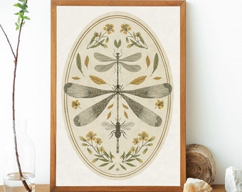 Dragonfly art print, Handmade Decor,Insect print, beige vintage art dragonfly poster,Vintage Botanical illustrations, flowers art,dragonfly