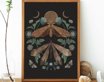 Moths & Moon art print, Magic moon print, magic moon art print, Witchy Aesthetic, Vintage Moon Poster, Moths magic art print, Giclée Print