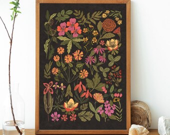 Ilustración de flores silvestres, decoración hecha a mano, estampado boho, arte de flores, ilustraciones botánicas vintage, arte de flores, arte vintage, arte de plantas