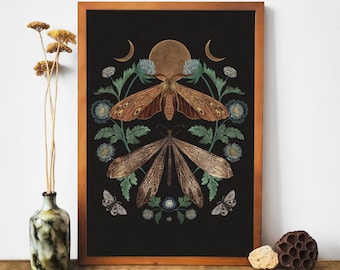 Lámina artística de polillas y luna, decoración mágica para el hogar, arte mágico, ilustración para pared de galería.