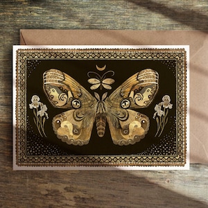 Vreemde nachtvlinderskaart, kunstkaart, insectenkaart, botanische wenskaart, verjaardagskaart, illustratieskaarten, nachtvlinderkaart, cottagecore-kaart