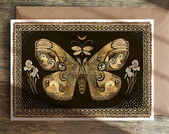 Carte de papillons de nuit étranges, carte d'art, carte d'insecte, carte de voeux botanique, carte d'anniversaire, cartes d'illustrations, carte de papillon de nuit, carte de noyau cottage