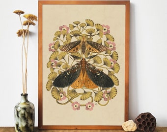 Motten und Frauenhaar Farn Kunstdruck: Vintage botanische Illustration, Insekten Poster