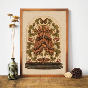 Motten en leliebloemen, botanische illustraties, boho Esthetische kunst, nachtvlinderkunstprint, Cottagecore Nature-print, nachtvlinderposter, symmetrische kunst