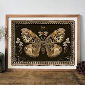 Nachtfalter und Mond, magischer Kunstdruck, Cottagecore Naturdruck, Motten Kunst, magisch, magische Kunst, Volkskunst, Volkskunst
