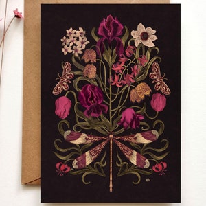 Cartes postales Libellule et fleurs, carte d'art, carte libellule, carte de voeux botanique, carte de fleurs, cartes d'illustrations, carte de bouquet de fleurs