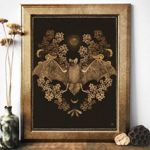 Fledermaus und Mond Kunstdruck, botanische Illustrationen, Gothic Kunstdruck, Fledermaus Prints, Fledermäuse Poster, gruselige Fledermaus Kunst, Vintage Fledermaus Dekor, Fledermaus Kunst, Fledermäuse