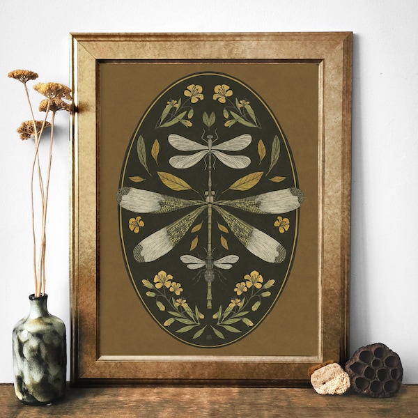 Grafika artystyczna z ważką: ilustracja botaniczna w stylu vintage, dekoracja ścienna z owadem, dzieło artysty