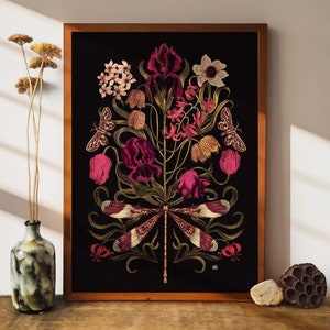 Stampa artistica di fiori di libellula, decorazione murale botanica, stampa di libellula, decorazione murale di libellula, arte murale di fiori, decorazione floreale, arte floreale