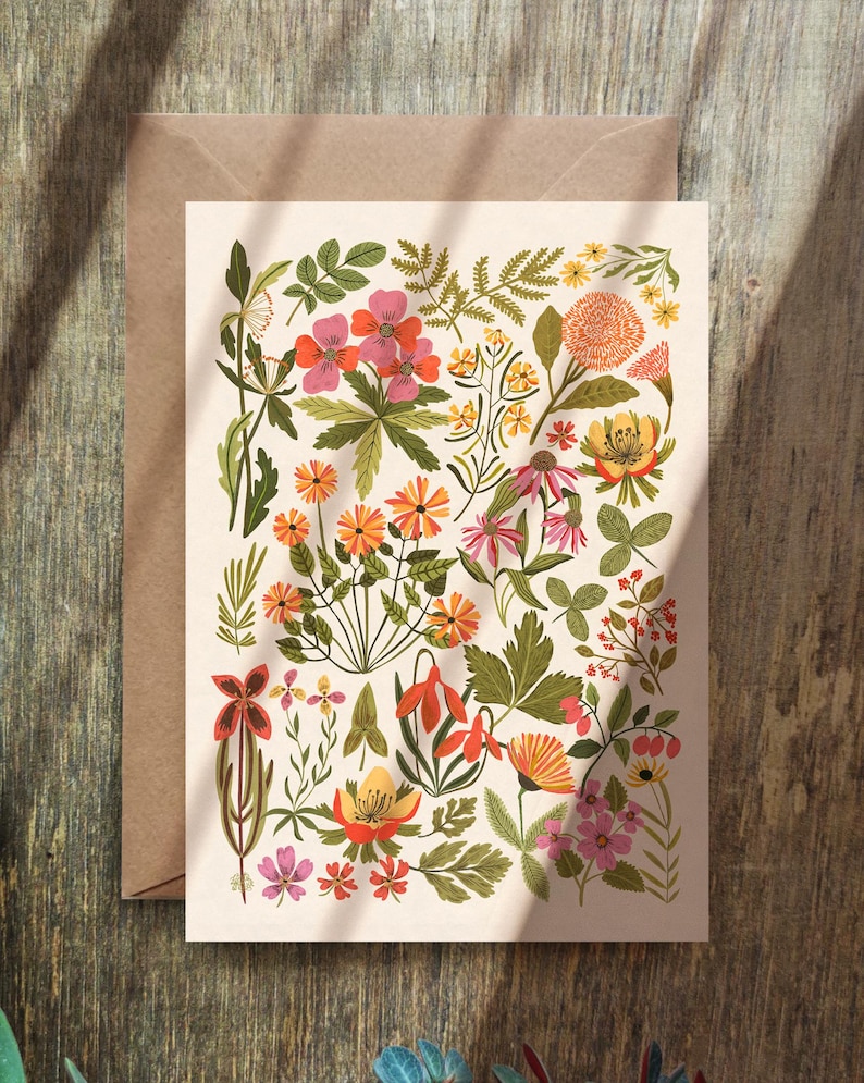 Botanical Wildflowers Greeting Card, Floral Postcard With Envelope - Etsy