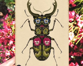 Besouro, Cartão de felicitações em branco e envelope, Cartão impresso à mão, Cartão postal de arte, Cartão de inseto botânico floral, Cartão de aniversário, Cartões de insetos