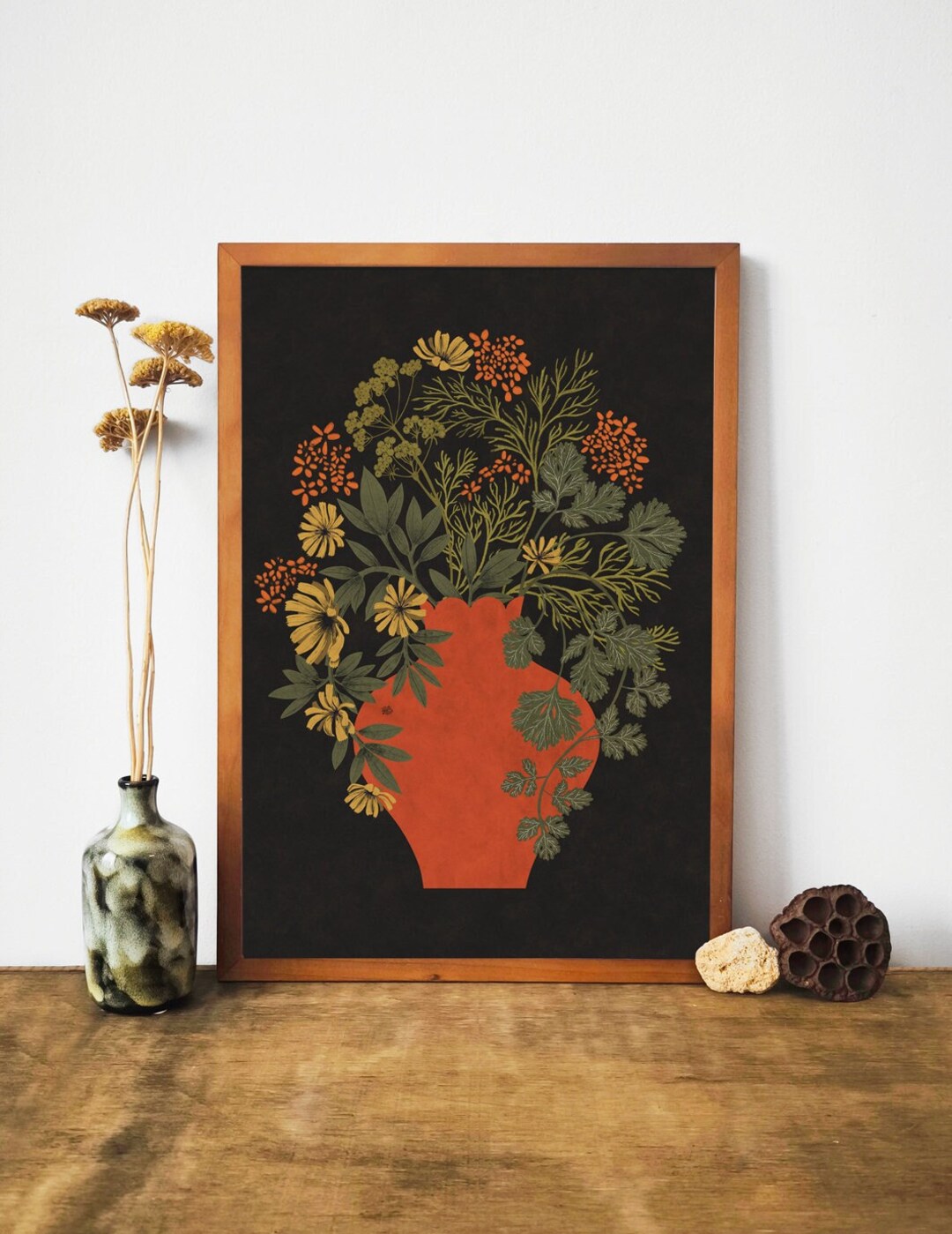 Art Print: Orange Vase With Wildflowers, Vintage Botanical Gallery Wall ...