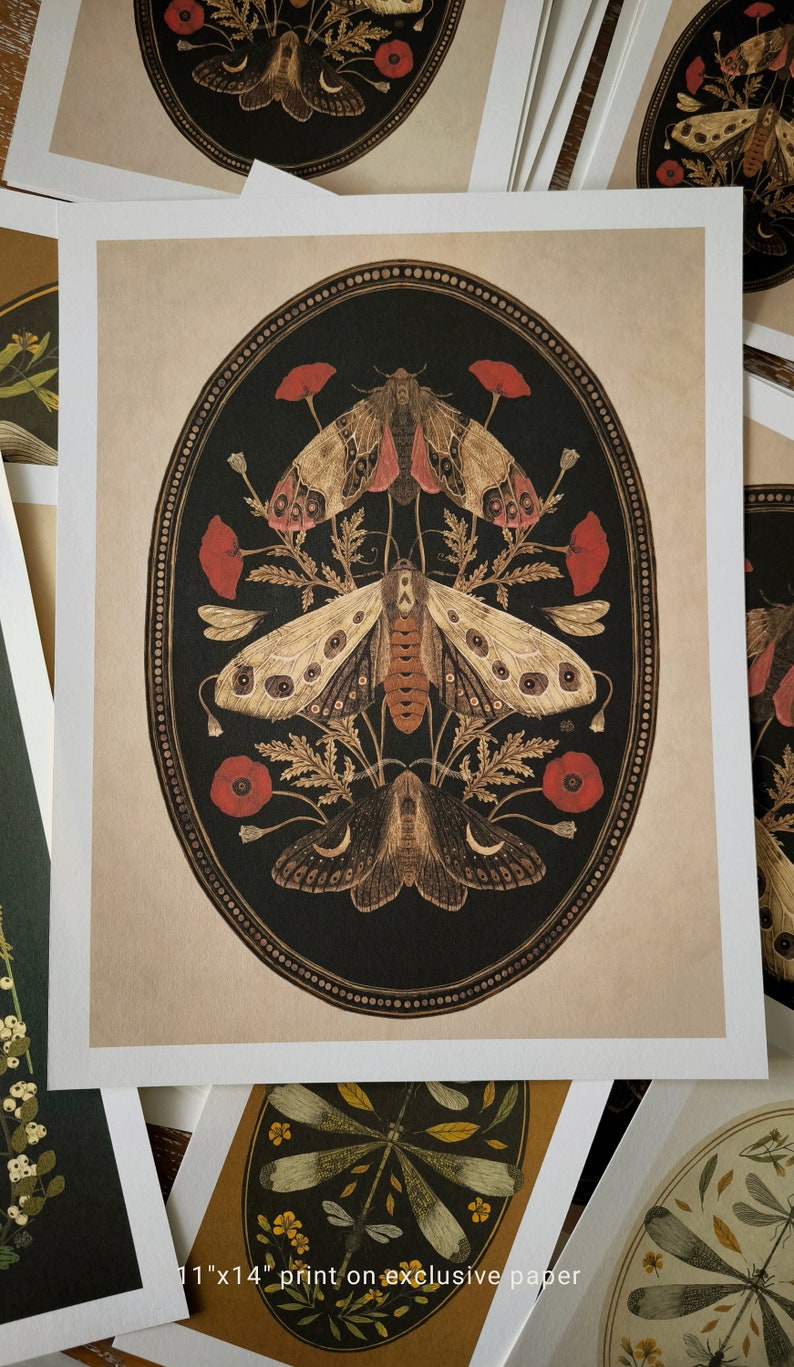 Moths and poppy flowers, botanical illustrations, magic art print, boho Aesthetic, poppy art print, Cottagecore Nature print, moths giclee image 3