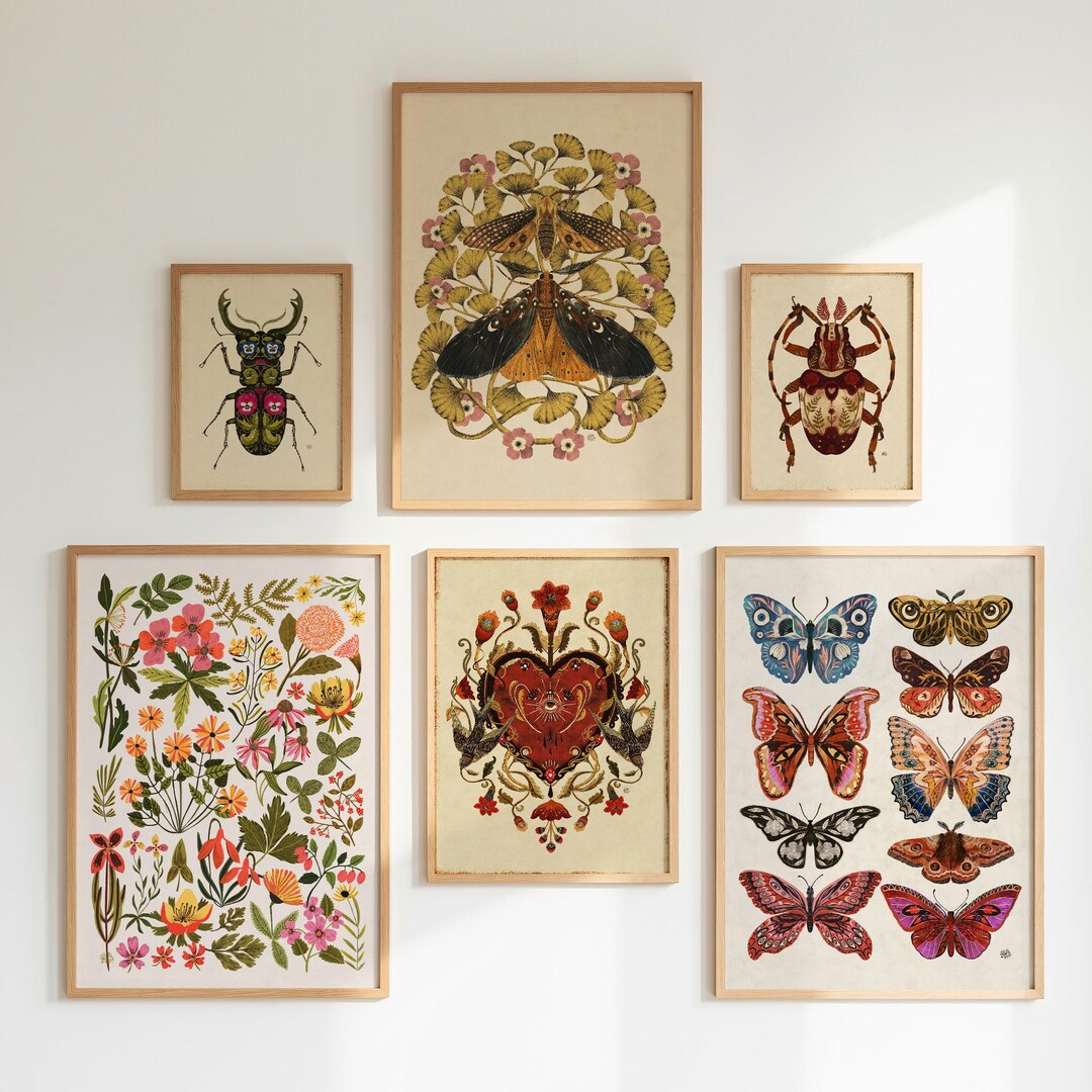 Gallery Wall Set of 6, Butterfly and Floral Prints, Botanical Art for ...