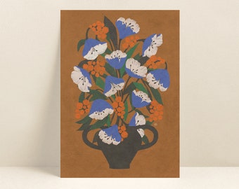 Greeting cards blue tulips, handmade card, botanical greeting card,Birthday Card, illustrations cards, Art card, tulips greetings card