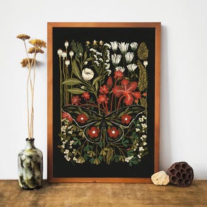 Vintage botanische Schmetterlings-Illustration, Nachtgarten, Blumen-Wand-Dekor, Mottenwandkunst